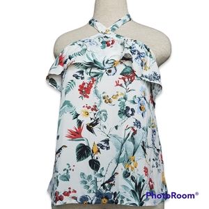 Banana Republic Halter Top Women's XS Summer Ruffled Shirt Tropical Birds Beach
